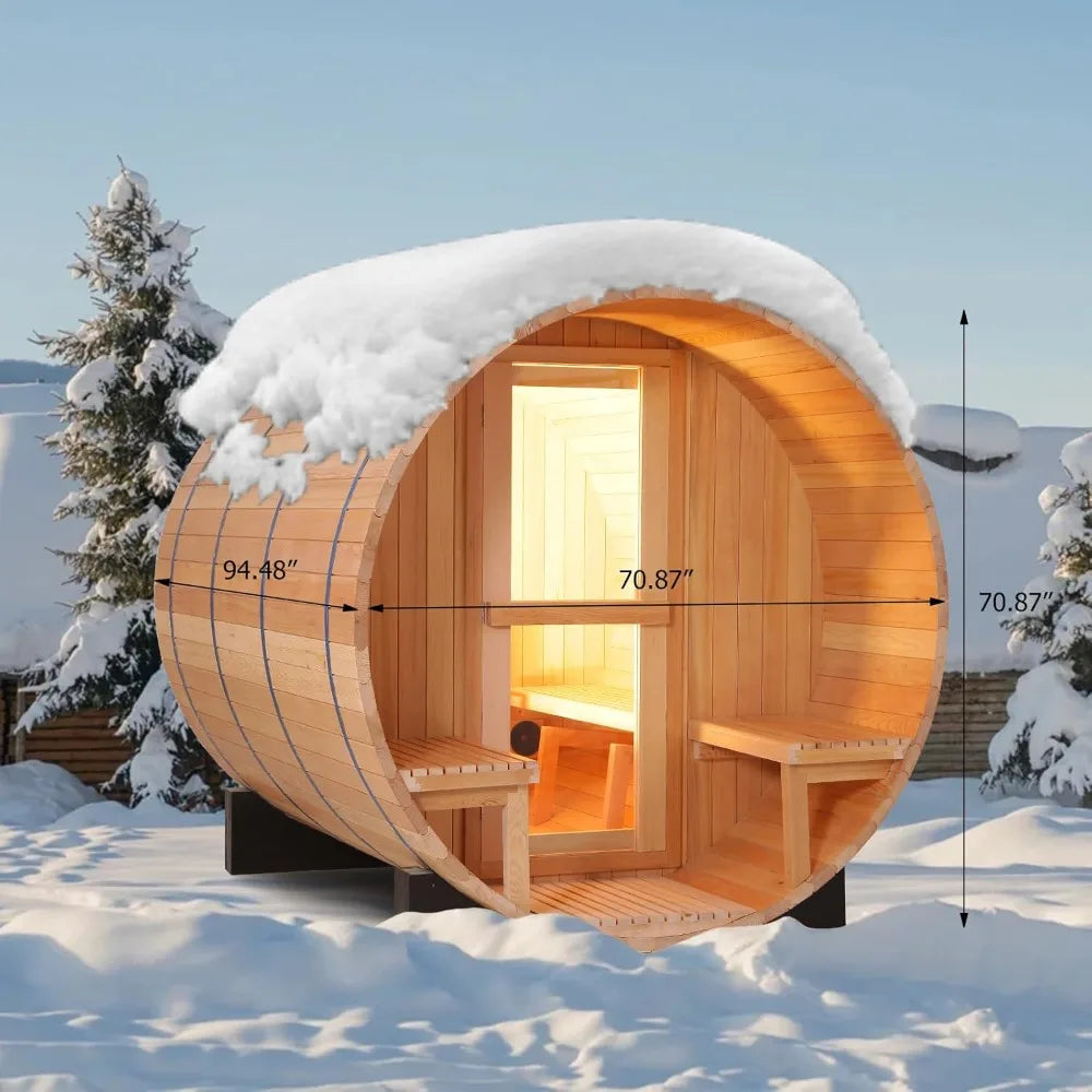 Canadian Hemlock Wood Barrel Steam Sauna Room with Porch and Asphalt Shingle Roof