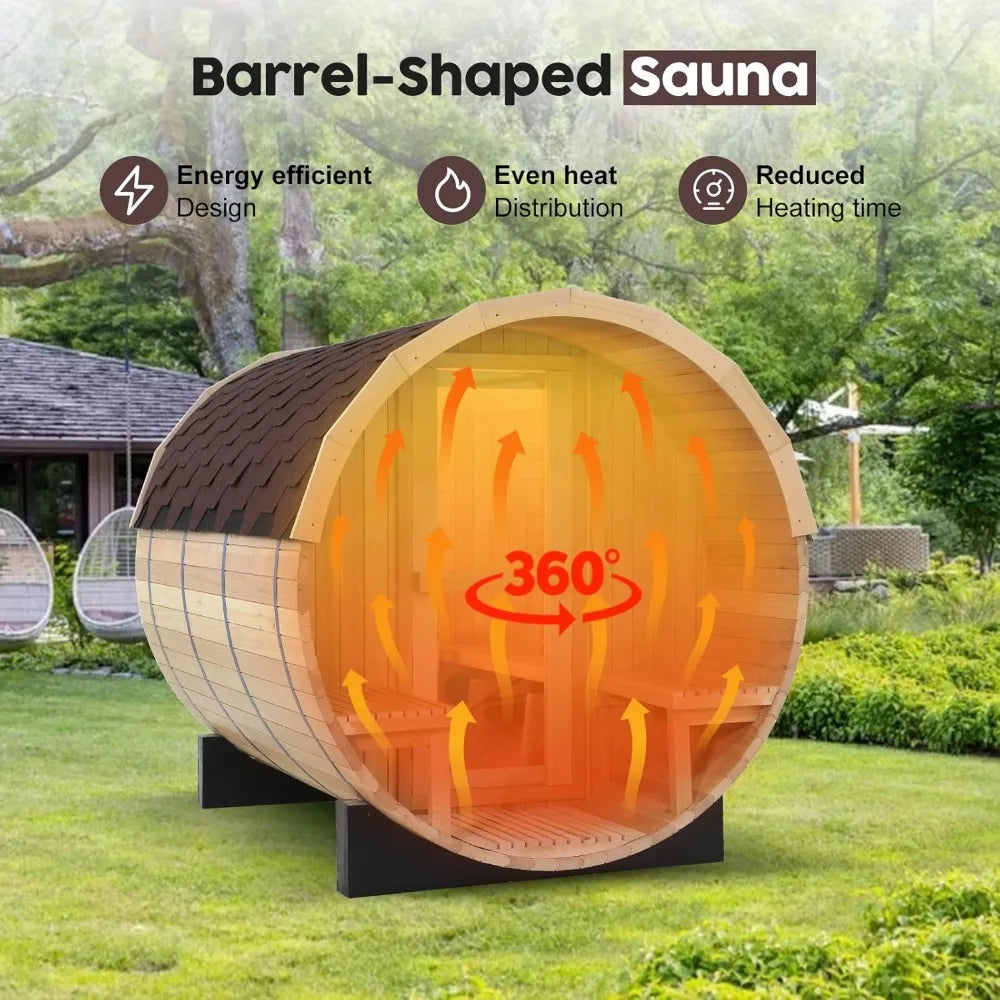 Canadian Hemlock Wood Barrel Steam Sauna Room with Porch and Asphalt Shingle Roof