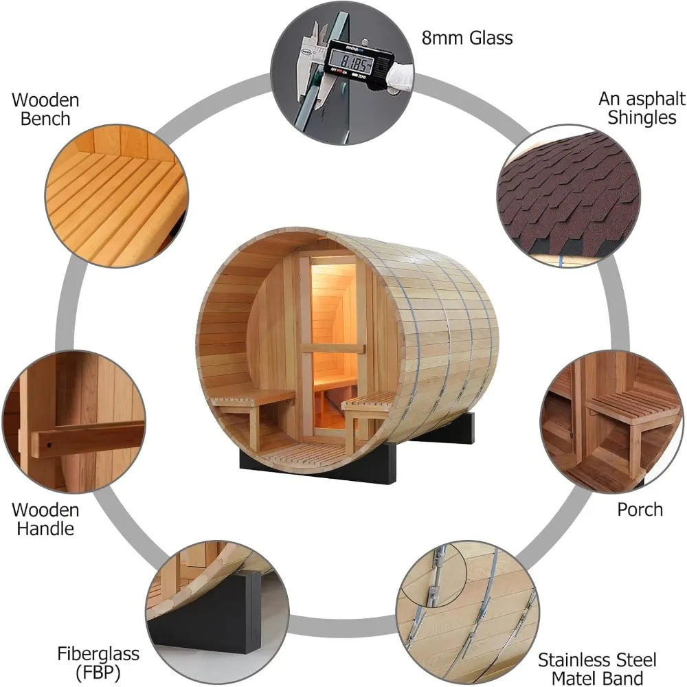 Canadian Hemlock Wood Barrel Steam Sauna Room with Porch and Asphalt Shingle Roof