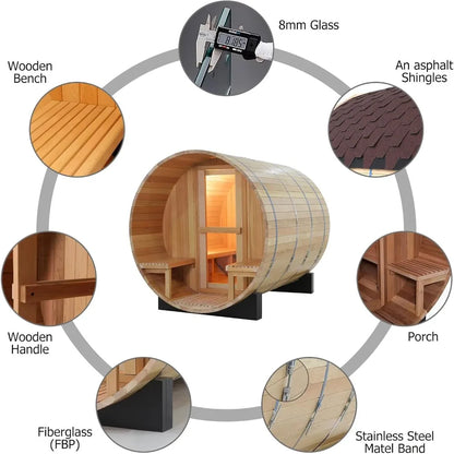 Canadian Hemlock Wood Barrel Steam Sauna Room with Porch and Asphalt Shingle Roof