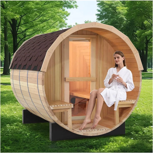 Canadian Hemlock Wood Barrel Steam Sauna Room with Porch and Asphalt Shingle Roof